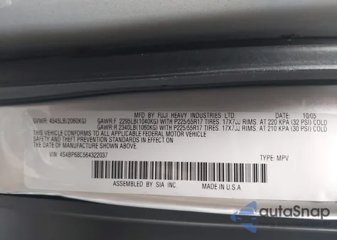 2006 Subaru Outback 2.5Xt из США, поврежденный, VIN 4S4BP68C564322037